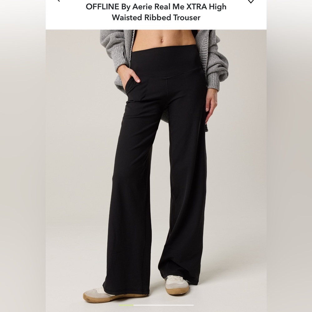Aerie Black Wide-Leg Ribbed Trousers